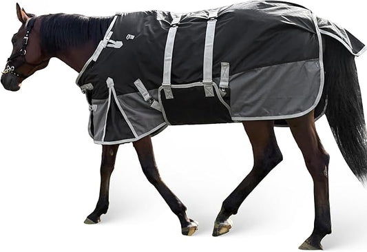 72" Horse Blanket for Real Horses – 1200 Denier Medium Weight Horse Winter Blanket with Standard Neck and Belly Band – Water - Resistant – Black-Grey – 220g Fill