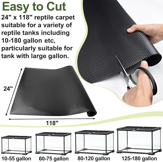 24 × 118" Large Reptile Carpet,Bearded Dragon Tank Accessories,Reptile Mat, Leopard Gecko Substrate,Bearded Dragon Tank Flooring,Snake,Tortoise Bedding(24" × 118 ", 1 PCS Black Thicker Mat)