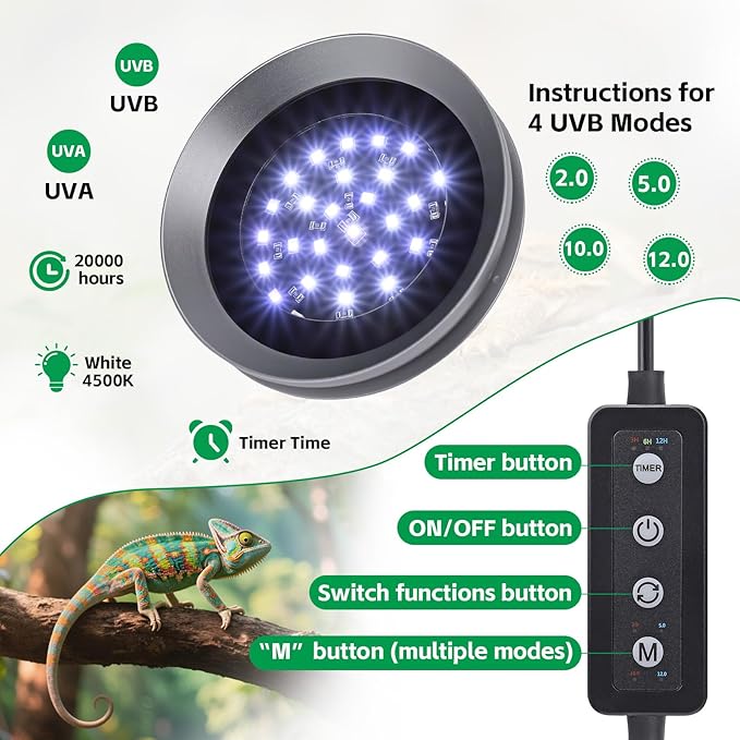 UVB Light for Reptiles with Dimming, LED UVB Light Bulb Fixture for Bearded Dragon Gecko Lizard Turtle Snake, Adjustable Brightness UVA UVB Lamp for Tropical & Desert Reptile Tank Accessories 8W Grey