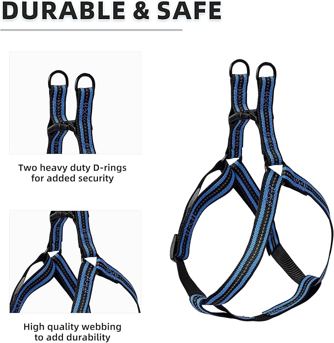 Mile High Life Night Reflective Double Adjustable Band Nylon Small Puppy Pet Dog Combo Collar Leash and Harness Set (Reflective Stripe Blue, Large (Pack of 3))