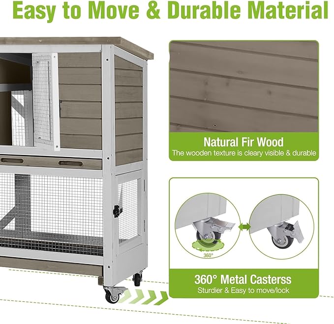 Guinea Pig Cages Indoor/Outdoor, Wooden Rabbit Hutch with Wheels, Large Rabbit House with 2-Story, Bunny Cage with Chew-Proof Ramp and Leap-Proof Trays, Waterproof Small Animals Habitat (Grey)