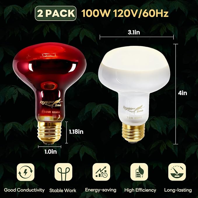Reptile Heat Lamp Bulbs, 2 Pack 100W Reptile Heat Bulbs UVA Daylight Basking Bulb and Infrared Heat Lamp Red Night Light Bulb Combo for Bearded Dragon Chameleon Turtle Snake Gecko Lizard Chicken Tank