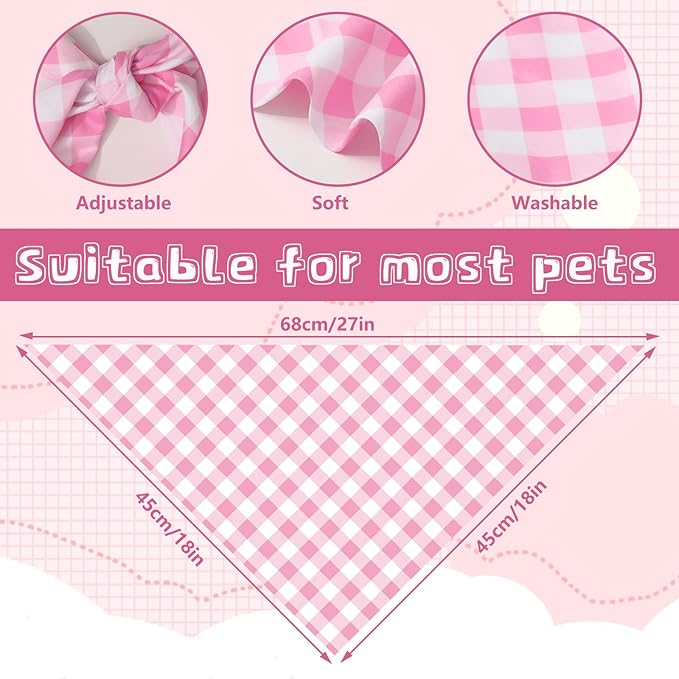 FYSUIMU 2Pcs Spring Summer Pink Plaid Dog Bandanas Valentine's Triangle Pet Scarf Adjustable Puppy Neckerchief Dog Bib for Medium Large Cat Costume Accessories