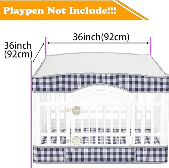 2 Pack Dog Playpen Cover and Bottom Pad Fits for 36 Inch 4 Panels Pet Playpen, Dog Crate Pad Puppy Play Pen Cover, Hoop and Loop Design (Note: Playpen Not Included) BlueCheck