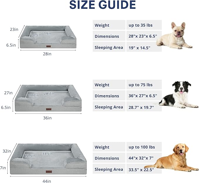 aodisman Orthopedic Dog Beds for Large Sized Dogs, Waterproof Memory Foam Big Size Pet Bed with Sides,Comfort Thick Egg-Crate Foam,Dog Couch Bed,Washable Cover & Non-Slip Bottom,Light Grey