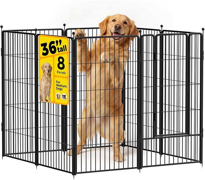 Dog Playpen 36 inch 8 Panels for Indoor & Outdoor Use – Heavy-Duty Metal Pet Fence with Ground Stakes, Rounded Ball Tops for Safety, Stable & Foldable Design, Easy to Assemble