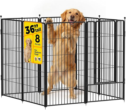 Dog Playpen 36 inch 8 Panels for Indoor & Outdoor Use – Heavy-Duty Metal Pet Fence with Ground Stakes, Rounded Ball Tops for Safety, Stable & Foldable Design, Easy to Assemble