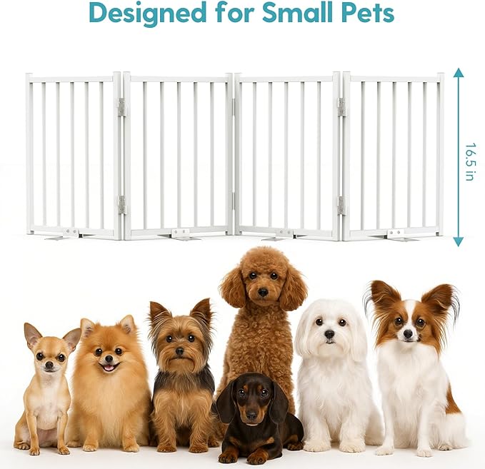 No Pawblems Free Standing Short Dog Gate, 16.5'' Tall Foldable Dog Fence for Indoor & Outdoor, Up to 36 Inch Extra Wide Puppy Gate for Stairs, Hallways, Doorways, Deck, Yard (White, 3 Panels)