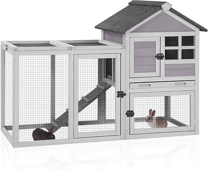 Aivituvin 51.6''L Rabbit Hutch Outdoor Chicken Coop Indoor Bunny Cage with Run,Guinea Pig House Pull Out Upper Tray 51.6" L x 25.2" W x 36.2" H (Grey)