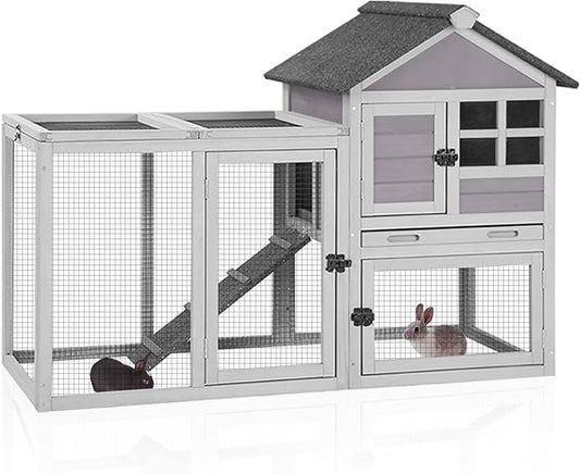 Aivituvin 51.6''L Rabbit Hutch Outdoor Chicken Coop Indoor Bunny Cage with Run,Guinea Pig House Pull Out Upper Tray 51.6" L x 25.2" W x 36.2" H (Grey)