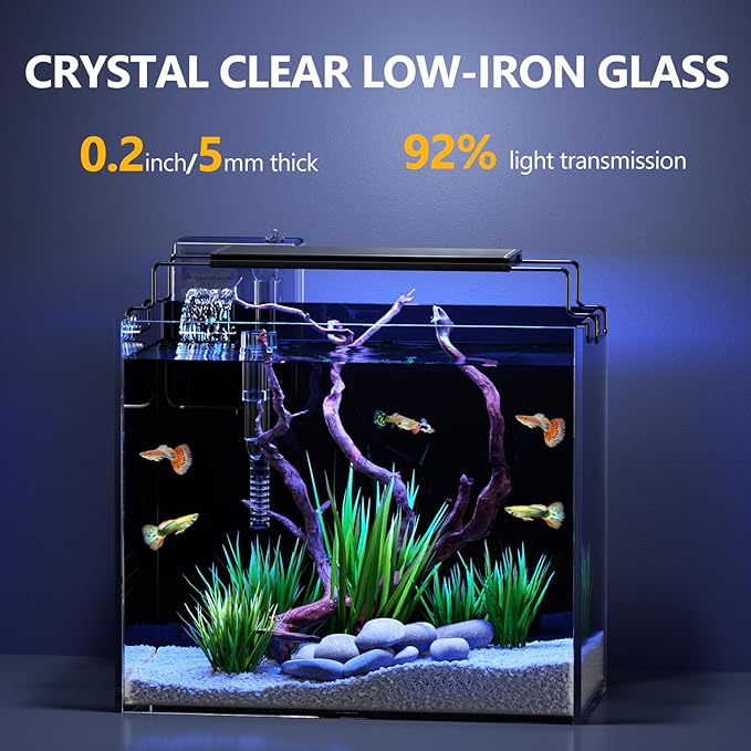 3 Gallon Fish Tank Aquarium Kit with Heater, HOB Filter, LED Light with Timer, Lid, Siphon Vacuum Cleaner, Self Cleaning Glass Rimless Betta Tank