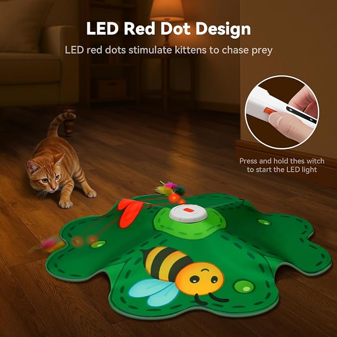 FEELNEEDY Rechargeable Cat Toys, 2 in 1 Hide and Seek Game Interactive Cat Toy, Movable LED Red Dot, Concealed Feathers, Durable Exercise Toys for Indoor Cats, Bored Adult Cats Wand Toy, Green - Image 5