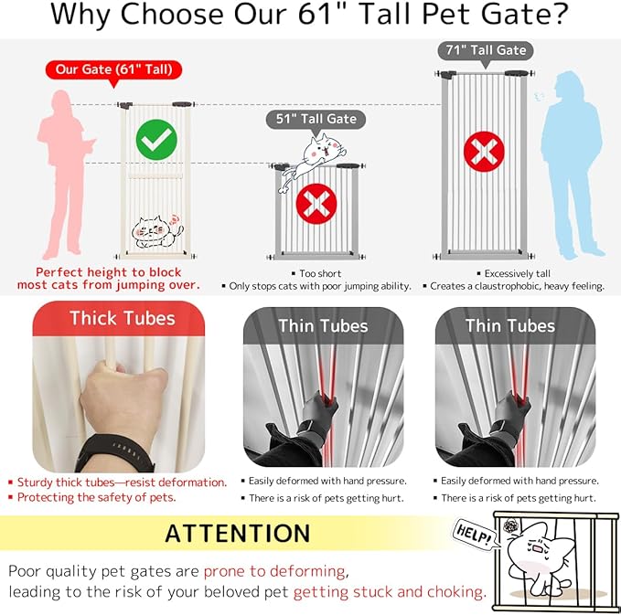 Lumizone Extra Tall Cat Gate 61.02" High Pressure Mounted Extra Wide 30.12"-38.38" (17Sizes) 1.37" Gap No Drilling Auto-Close Tall Pet Gate for Dogs (Cream, 30.12"-38.38" W)