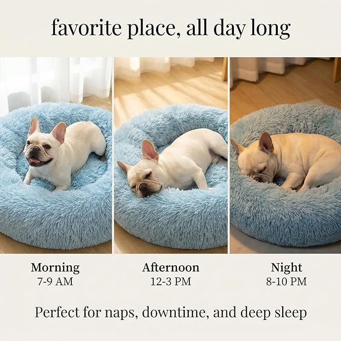 Calming Donut Dogs Beds for Small Dogs Washable,28inch Plush Round Pet Bed for Cozy Sleep,Fluffy Faux Fur Large Cat Bed,Fits up to 30 lbs Pets,Washed Blue