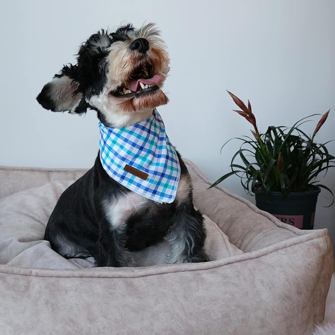Summer Bandana - Comfortable Cotton Grid Triangle Bid Scarf for Puppy, Washable Pet Kerchief for Boy or Girl Dogs or Cats, Blue and White Cute Bandana, Classic Dog Bid Scarf