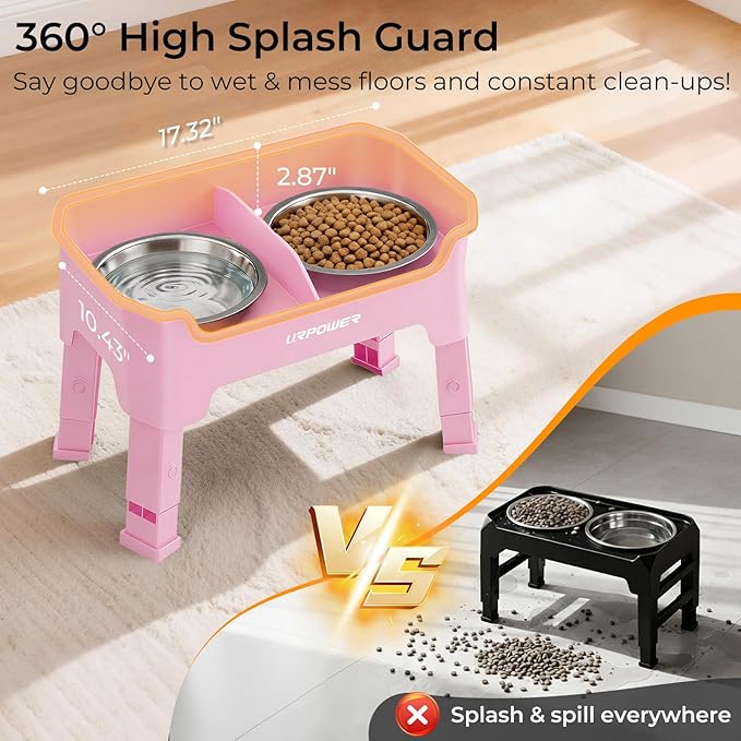 URPOWER Mess Proof Elevated Dog Bowls 4 Height Adjustable Raised Bowl Stand with 2 Stainless Steel Dog Bowls Non-Slip Food and Water Bowl Set for Small, Medium, Large Dogs, Pink