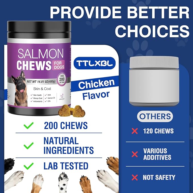 Omega 3 Skin and Coat Supplement for Dogs 200 Chews Dog Fish Oil Supplements with EPA & DHA Fatty Acids Dry Skin Relief for Dogs Shedding Allergy Itching Promotes Heart Hip Joint Health Chicken Flavor