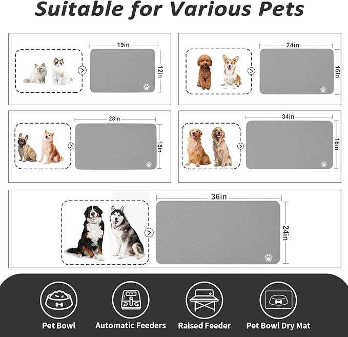 HotLive Dog Food Mat - Absorbent Cat Mat for Food and Water, No Stains Pet Feeding Bowl Mat, Easy to Clean Pet Placemats, Quick Dry Dog Water Dispenser Mat for Messy Drinkers | Paw Grey 18"x 34"