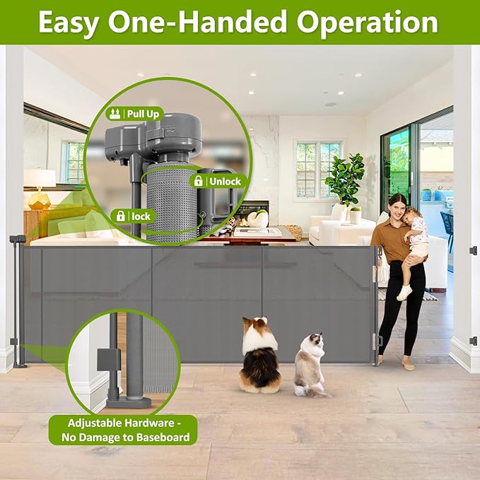 Reinforced 42" Tall Baby Gates for Dogs with Support Rods - Prevent Crawling Under, 175" Extra Wide Baby Gates for Large Openings, Tall Retractable Gate Indoor Large Dog Gate Outdoor Deck Gate, Gray