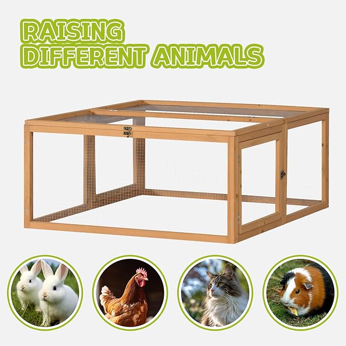 Chicken Coop Run, Rabbit Hutch, Portable Wooden Bunny Cage for Indoor/Outdoor, Small Pet Animal House with 3 Doors Openable, 47'', Natural Color (S)