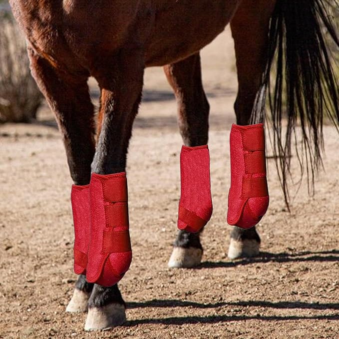 Generic 4Pcs Horse Boots Leg Protectors Adjustable Comfortable Neoprene Reusable Breathable Horse Protectors Equipment Set, red, S
