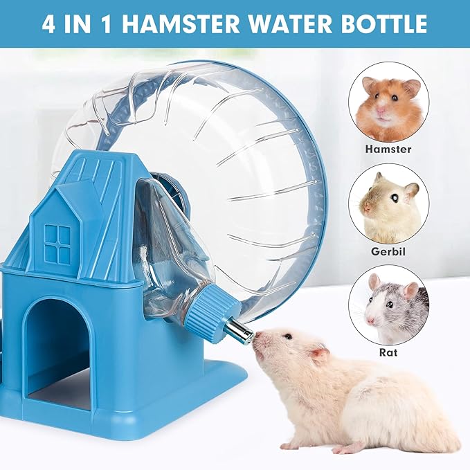 Hamster Toys 4 in 1 Multifunctional Super-Silent Exercise Toys Spinner Wheels with Water Bottle Food Container and Hideout Base Large Spinning Running Wheel for Rat Gerbils Mice (L,Blue)