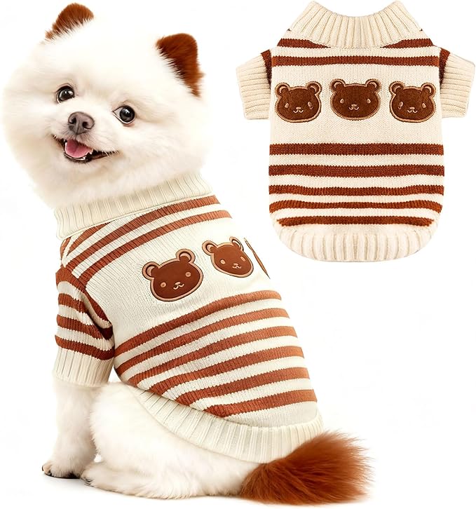 Dog Sweaters for Small Dogs with Cute Bear Pattern, Striped Soft Stretchable Fleece Warm Puppy Clothes for Small Dogs Cats, French Bulldog Chihuahua for Winter