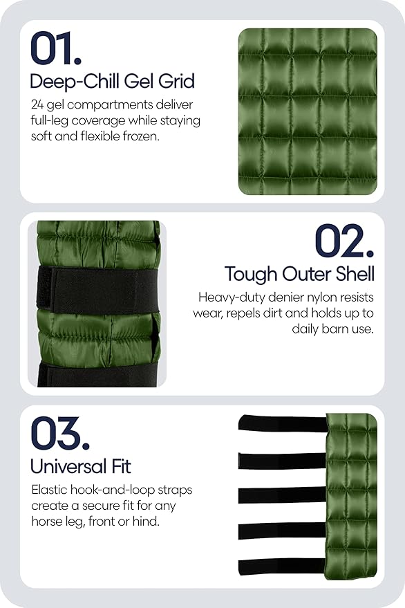 Equinavia Cool Relief Therapy Ice Boots Leg Wraps Pair for Horses, Gel Pack with Adjustable Straps | 16.5" x 15.5" with Storage Bag - Green - Pair - One Size