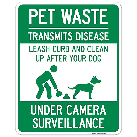 Pet Waste Leash-Curb and Clean Up After Your Dog Under Camera Surveillance Sign, (SI-63188) 24x30 Inches, Rust Free .063 Aluminum, Fade Resistant, Made in USA