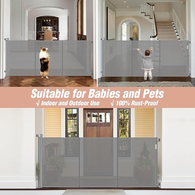 Reinforced 42" Extra Tall x 75" Wide Retractable Baby Gates with Support Rods - Prevent Crawling Under Extra Tall Pet Gate Indoor Mesh Baby Gates for Dogs Outdoor Retractable Gate, Gray