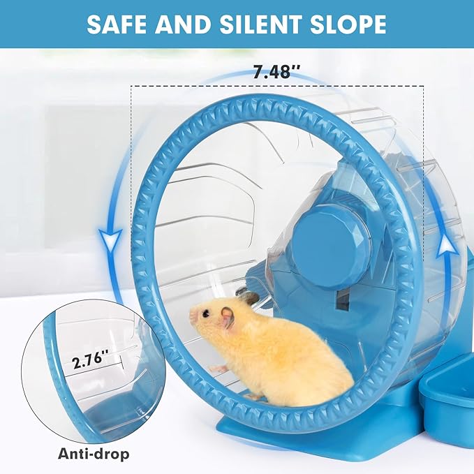 Hamster Toys 4 in 1 Multifunctional Super-Silent Exercise Toys Spinner Wheels with Water Bottle Food Container and Hideout Base Large Spinning Running Wheel for Rat Gerbils Mice (L,Blue)