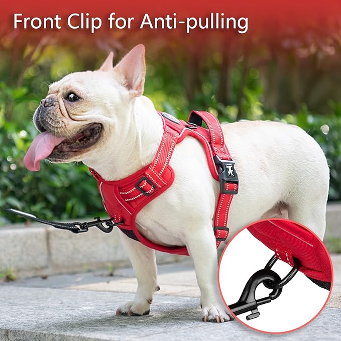 PoyPet No Pull Dog Harness, No Choke Reflective Dog Vest, Adjustable Pet Harnesses with Easy Control Padded Handle for Small Medium Large Dogs(Red Matching Trim,L)