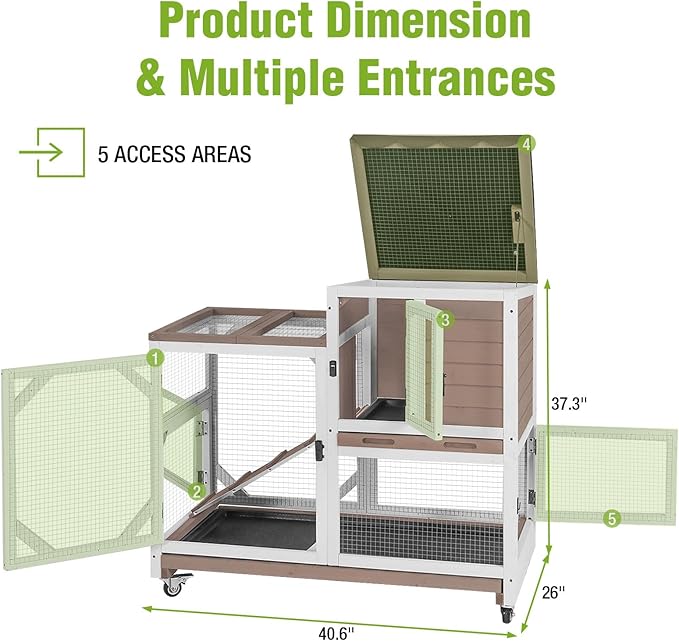 Rabbit Hutch Indoor Outdoor, 2-Story Bunny Cage with Wheels, Wooden Rabbit House with Leakproof Trays, Rain Cover, Guinea Pig Cages with Chew-Proof Ramp (Brown)