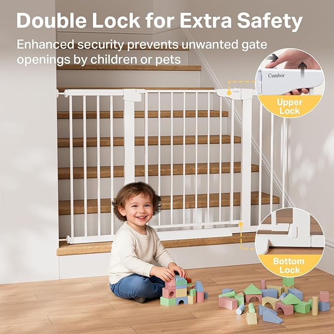 Cumbor 29.7–51.5" Extra Wide Baby Gate for Stairs, Pressure-Mounted Dog Gates for Doorways & Hallways, Auto-Close Walk-Through, No-Trip Design, Child Proof Safety, Dog/Pet Gate for Indoor Use, White