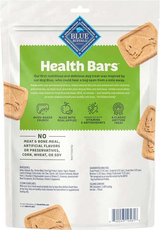 Blue Buffalo Health Bars Crunchy Dog Biscuits, Oven-Baked with Natural Ingredients, Apples & Yogurt, 16 Ounce (Pack of 4)