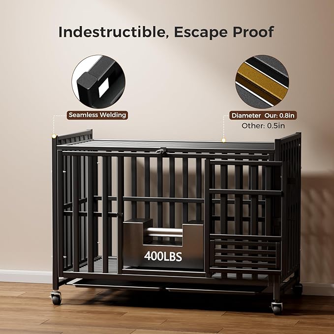 Heavy Duty Dog Crate, Escape-Proof Indestructible Cage for High-Anxiety Dogs, 3-Door Kennel with 4 Lockable Wheels and 2 Removable Trays Ideal for Large & Medium Breeds (43 Inch)