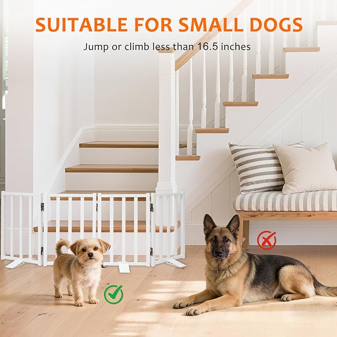 Snagle Paw Short Dog Gate,16.5" Tall Freestanding Metal Dog Gate Only for Small Dogs with Support Feet Easily Step Over,Up to 48" Wide Puppy Gate Indoor for Stairs,Doorways(White,4 Panel)