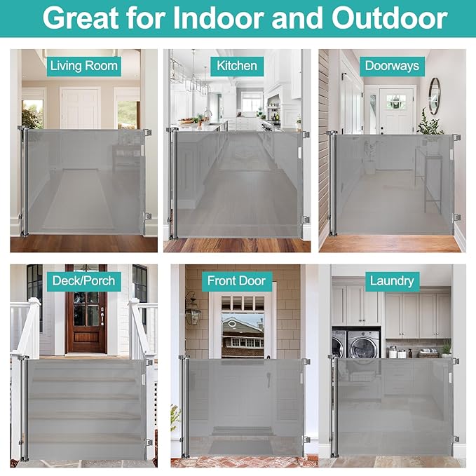 42 Inch Extra Tall Baby Gate for Stairs 55” Wide Retractable Anti-Scratch Mesh Gates for Kids or Pets Extra Tall Puppy Gates for The House One-Hand Operation Retractable Dog Gate for Doorway, Gray