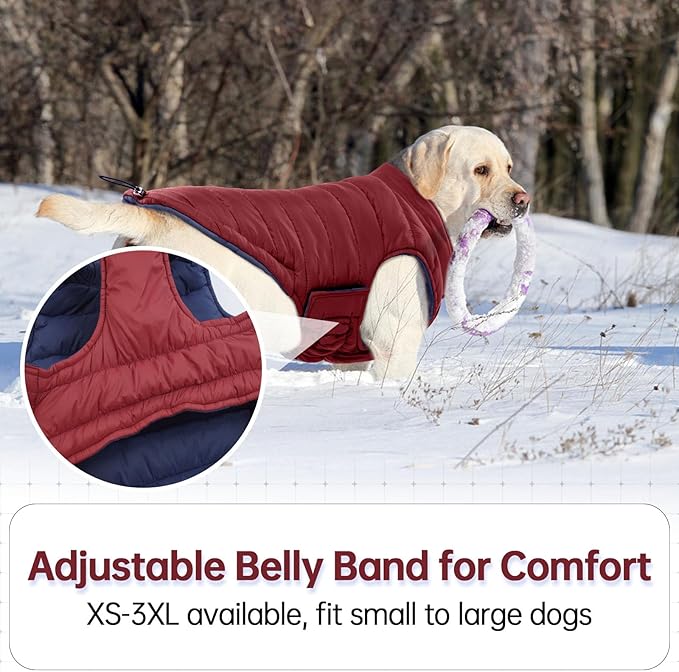 Lelepet Reversible Dog Coat Waterproof Dog Jacket Windproof Puffer Vest for Winter Warm Lightweight Coats for Small Dogs Adjustbale Hook & Loop Pet Apparel with Leash Hole, Pug, Wine Red, M