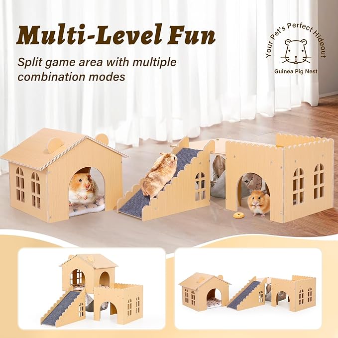 Guinea Pig Hideout with Hammock & Ramp – Multi-Level Wooden Small Animal House for Hamsters, Rabbits, Chinchillas | Easy Assembly Guinea Pig Cages