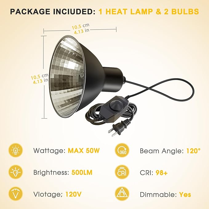 Briignite Reptile Heat Lamp 50W G9 Halogen Heat Bulb & Dome Reptile Light Fixture, Aluminum Reflector, UVA Basking Light for Reptiles, Dimmable Heat Lamp for Chicken Turtle Snake Gecko Lizard