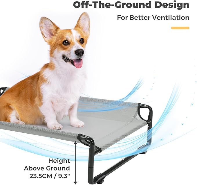 Veehoo 35" Medium Raised Dog Bed, Washable Dog Cot with Headrest Sides, Outdoor Elevated Dog Bed with Non-Skid Feet, Breathable Mesh, Portable Pet Hammock for Indoor or Camping, Grey