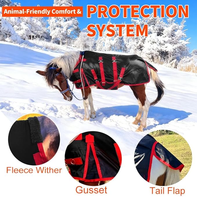 Mini Horse Pony Foal Miniature Horses Turnout Blanket, Winter Blanket for Horses with Belly Wrap, Donkey Blanket, 1200 Denier Waterproof &Breathable/220g Filling (51IN)