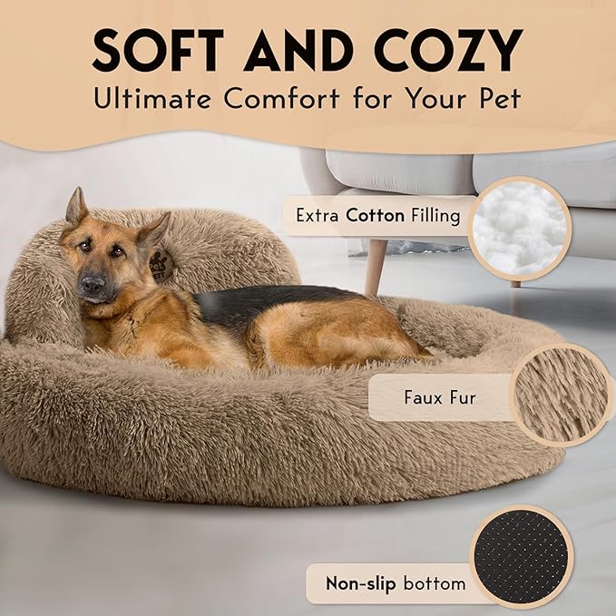PetJett XL Dog Bed for Large Sized Dog - 45'' Extra Large Dog Bed, Washable Dog Bed - Anti-Slip Super Soft Round Donut Bed, Fluffy Faux Fur Anti-Anxiety Premium Comfort Pet Bed, Fits Dogs upto 120 lbs