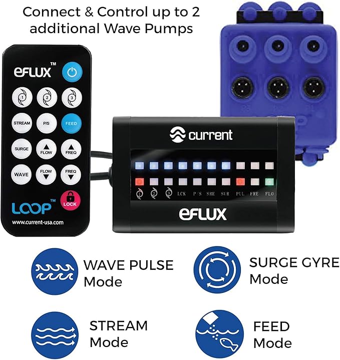 CURRENT USA 2100 GPH eFlux Wave Maker Pump Kit (6002) | Magnetic DC Powerhead with LED Display Controller for Saltwater Tank, 420-2100 GPH Aquarium Water Circulation Pump 30 to 125 Gallon, Black