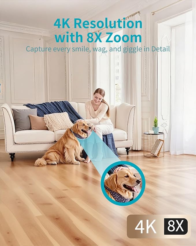 VIMTAG 8MP UHD Pan/Tilt Indoor Camera for Pet/Dog/Cat/Baby/Nanny, Wired Security Camera for Home with Phone App, Motion Tracking, Night Vision, 2-Way Audio, AI Detection, 5G/2.4G WiFi, Works w/Alexa