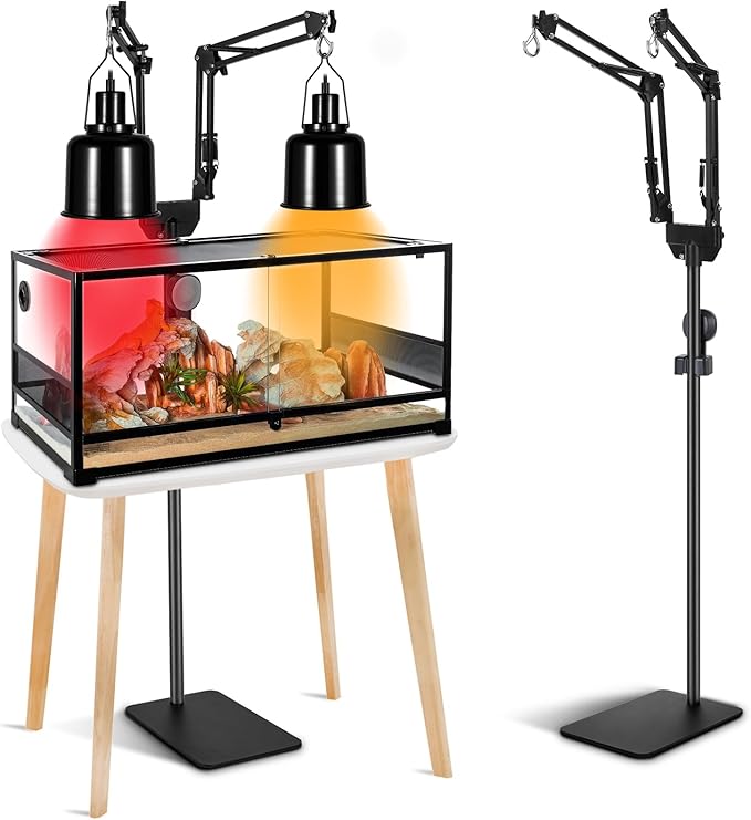 Dual Reptile Heat Lamp Stand, Adjustable Reptile Light Stand (15.7-74.3inch) with 360° Swing Arm and Anti-tip Clip, Lamp Holder for Terrarium, Amphibians Cage and Plants