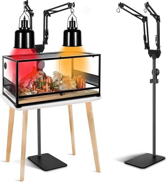 Dual Reptile Heat Lamp Stand, Adjustable Reptile Light Stand (15.7-74.3inch) with 360° Swing Arm and Anti-tip Clip, Lamp Holder for Terrarium, Amphibians Cage and Plants
