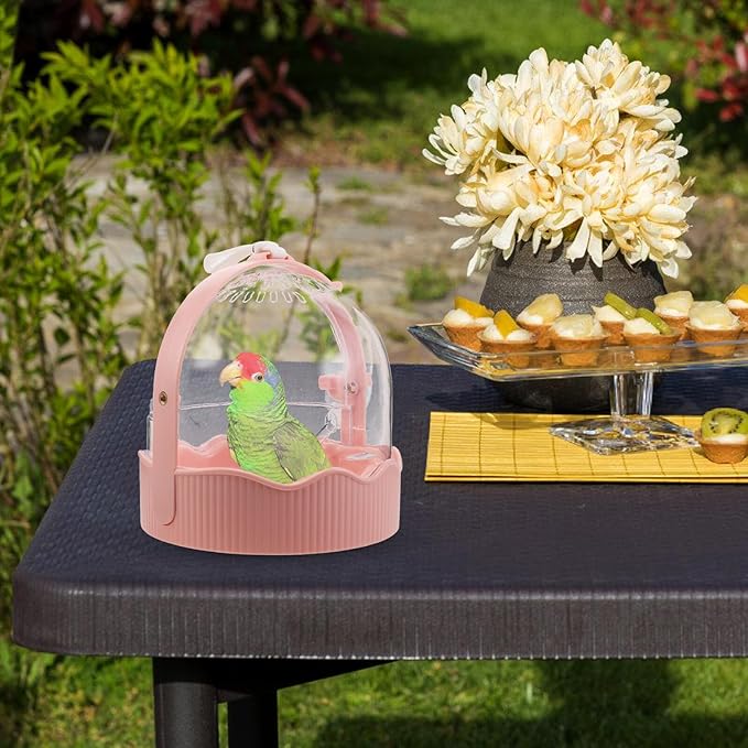 BESTonZON Portable Parrot Travel Cage, Lightweight Breathable Plastic Birdcage with Large Space, Medium Size Outdoor Carrier for Small Birds and Parakeets, Pink