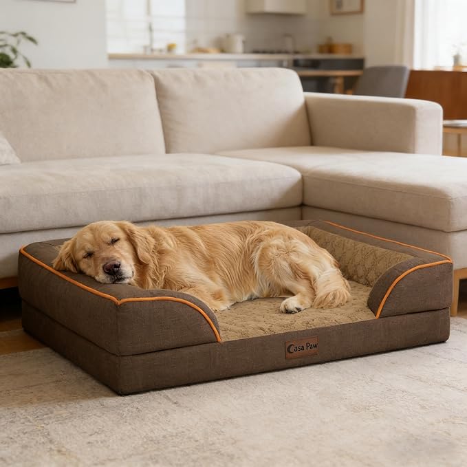 Orthopedic Dog Beds for Large Sized Dogs, Waterproof Memory Foam Large Pet Bed with Sides 35x22Inch, Non-Slip and Egg-Crate Foam Big Dog Couch Bed with Removable Washable Cover, Brown